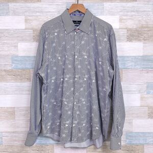 Bugatchi Uomo Floral Embroidered Shirt Blue White Striped Casual Cotton Mens XL